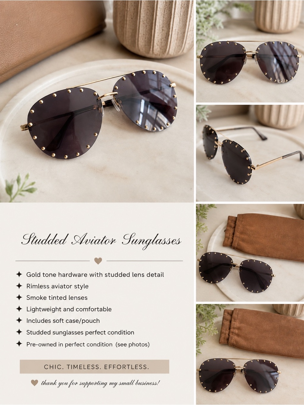 Studded Aviator Sunglasses - Smoke with Gold Hardware